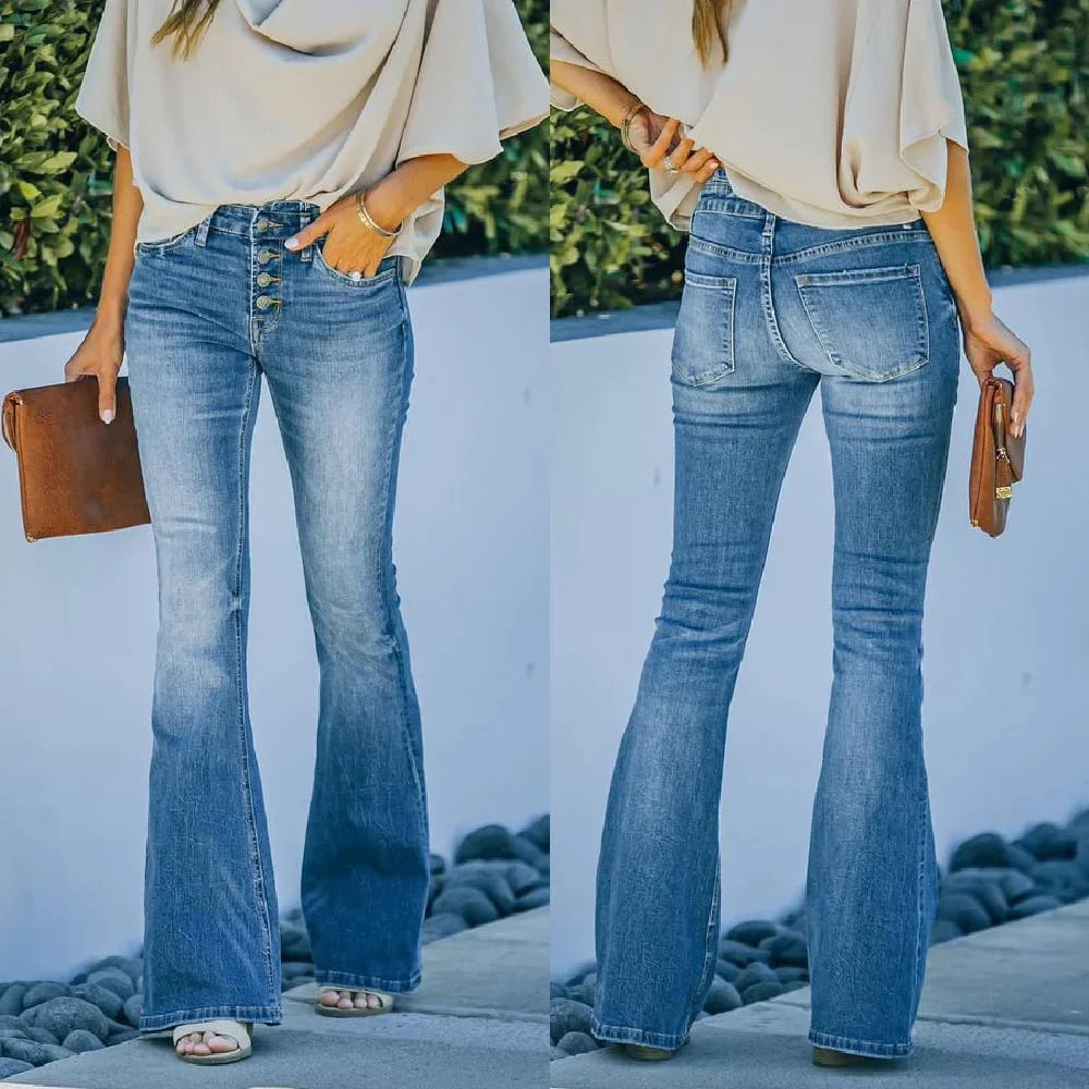 Elegant Women's Wide Jeans With High Waist And Button Closure