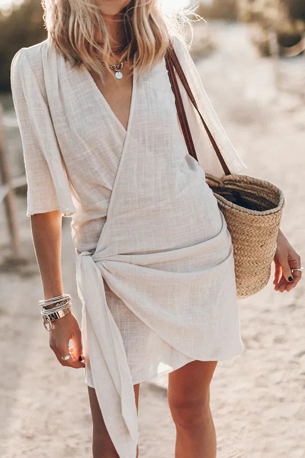 Mini Beach Dress With Wrap Detail And Short Sleeves