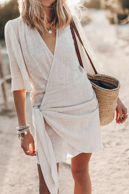 Mini Beach Dress With Wrap Detail And Short Sleeves