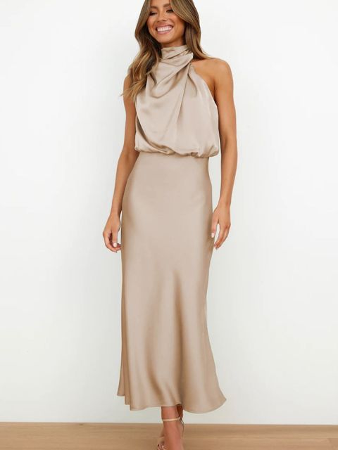 Elegant Satin Gala Midi Dress with Halter Neck for Women