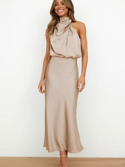 Elegant Satin Gala Midi Dress with Halter Neck for Women