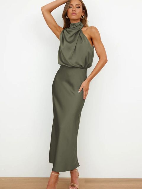 Elegant Satin Gala Midi Dress with Halter Neck for Women