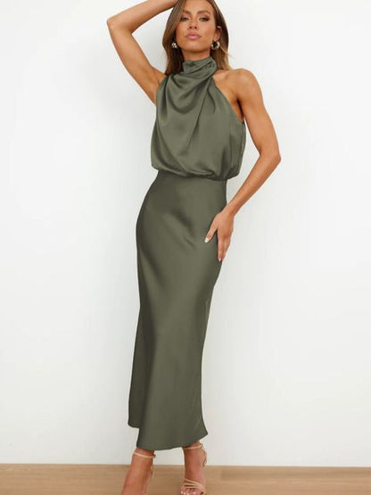 Elegant Satin Gala Midi Dress with Halter Neck for Women