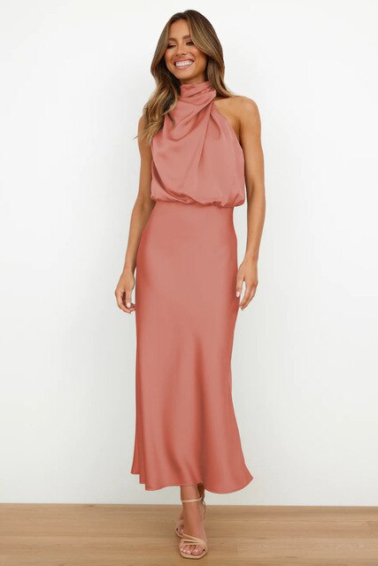 Elegant Satin Gala Midi Dress with Halter Neck for Women