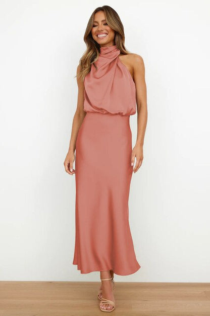 Elegant Satin Gala Midi Dress with Halter Neck for Women