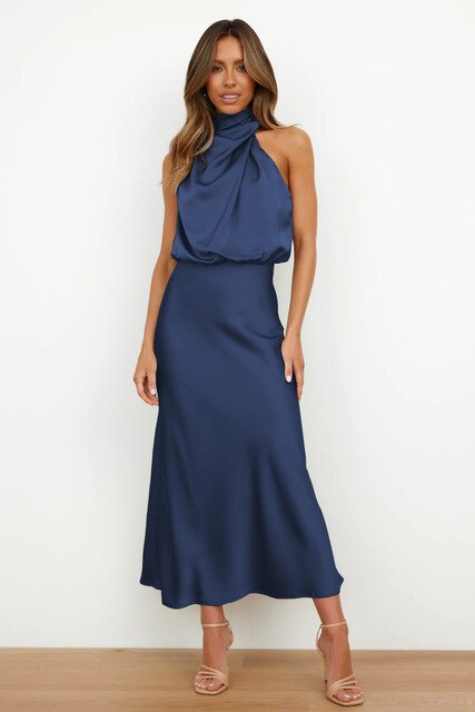 Elegant Satin Gala Midi Dress with Halter Neck for Women