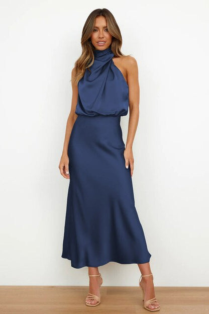 Elegant Satin Gala Midi Dress with Halter Neck for Women