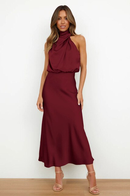 Elegant Satin Gala Midi Dress with Halter Neck for Women