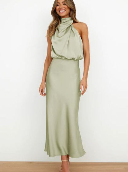 Elegant Satin Gala Midi Dress with Halter Neck for Women