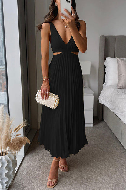 Claudy | Summer Pleated Midi Dress with Deep V-Neck