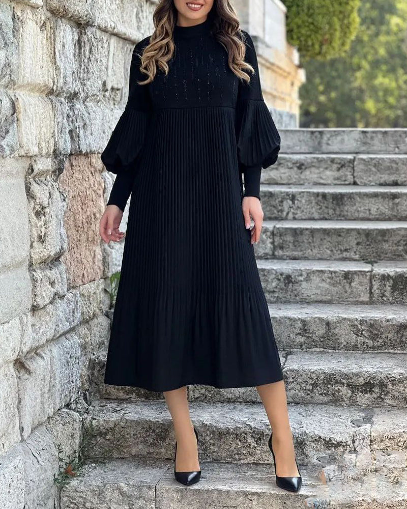 Black Women's Midi Dress with Long Sleeves and High Neck