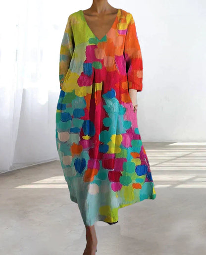 Summer Women's Oversized Midi Dress with V Neck and Print