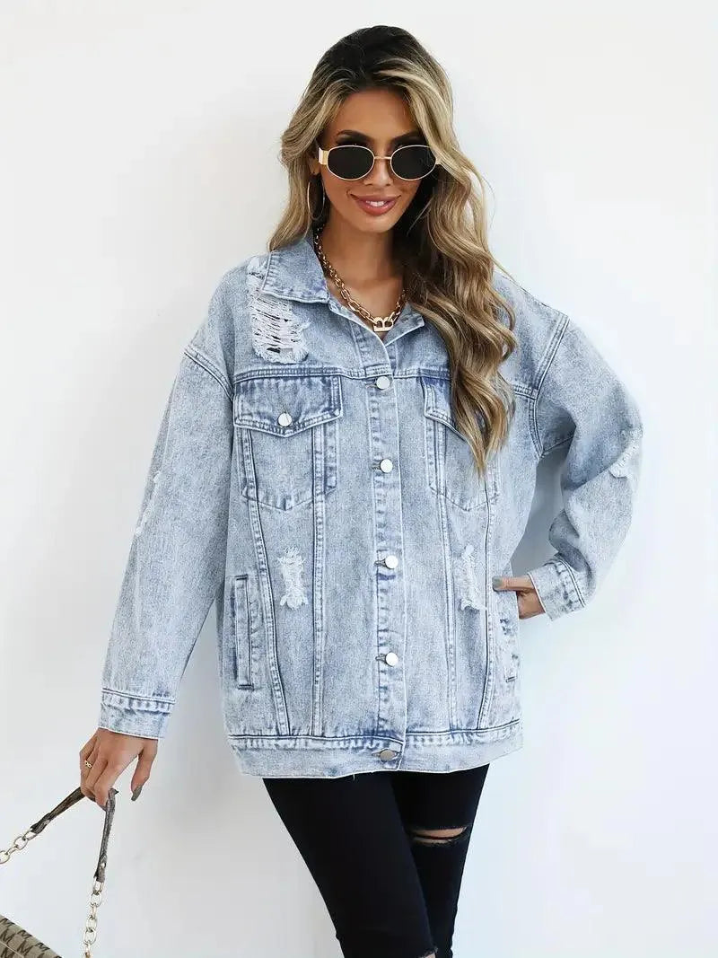 Women's Oversized Denim Jacket with Edgy Look and Snap Button Closure