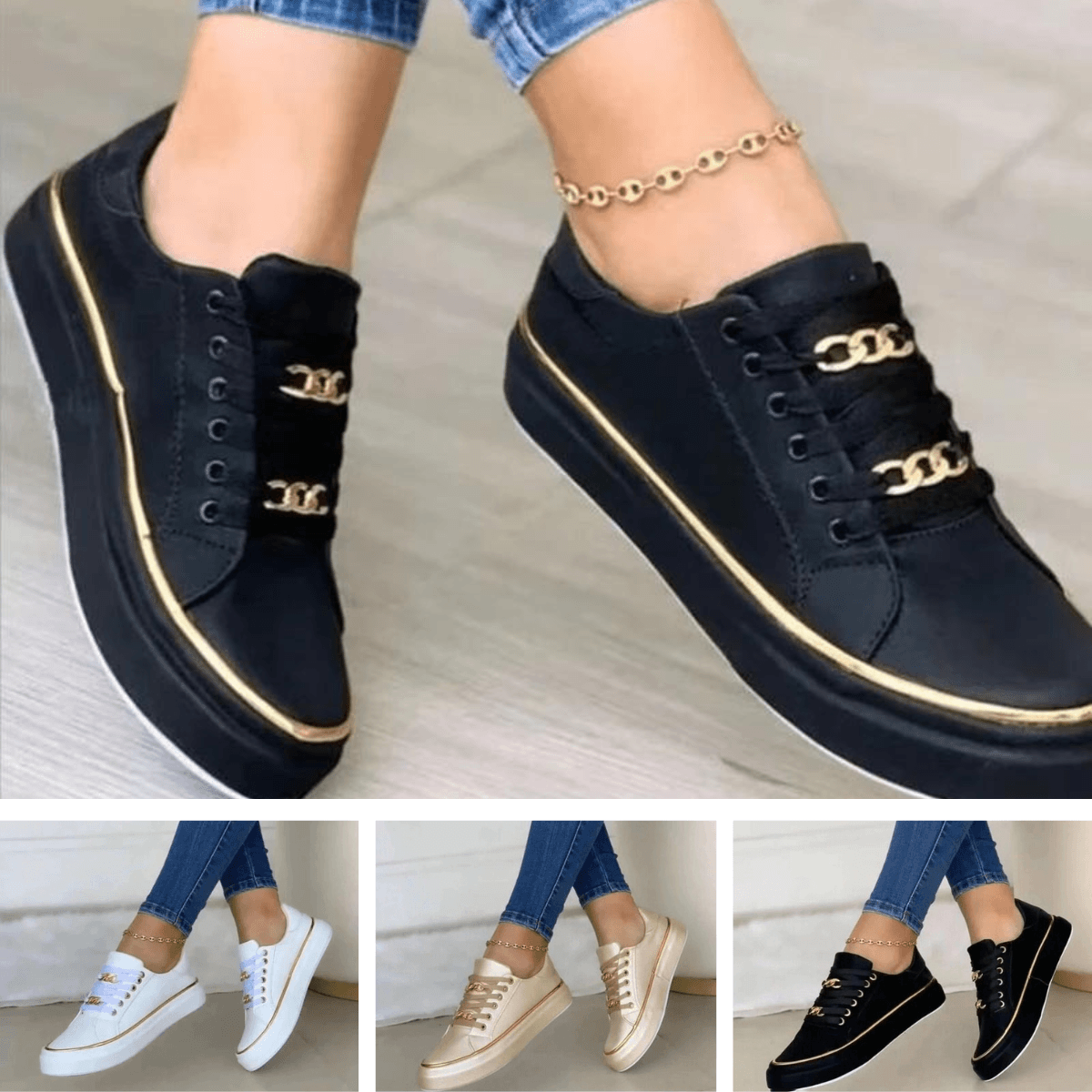 Women's Sneakers with Platform Sole and Gold Chain