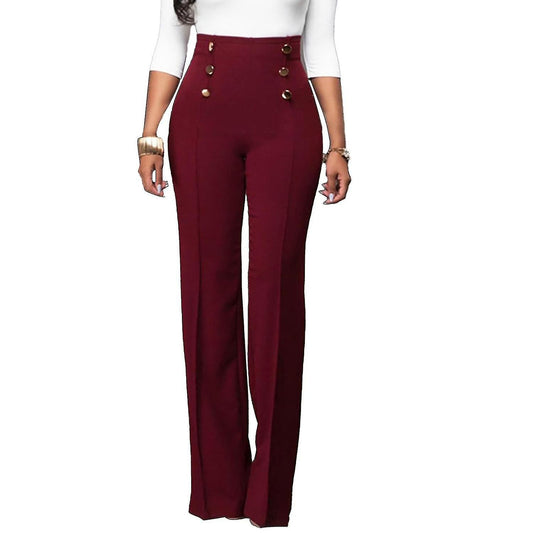 Elegant High Waist Women's Pants in Bordeaux with Buttons
