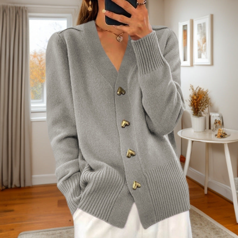 Women's Cardigan With Heart-shaped Buttons And Long Sleeves
