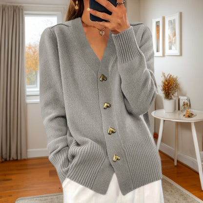 Women's Cardigan With Heart-shaped Buttons And Long Sleeves