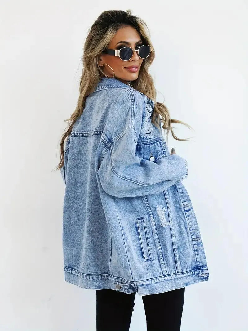 Women's Oversized Denim Jacket with Edgy Look and Snap Button Closure