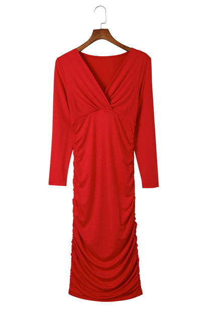 Red Midi Dress for Women with Long Sleeves and V-neck