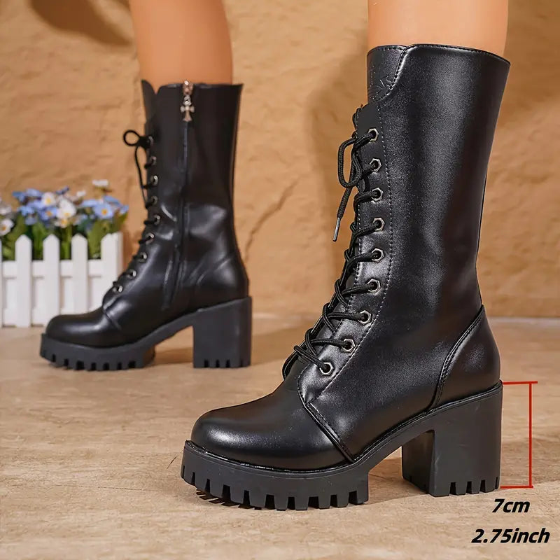 Trendy Women's Black Combat Knee Boots With Laces And Chunky Heel