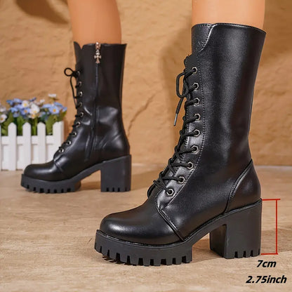 Trendy Women's Black Combat Knee Boots With Laces And Chunky Heel