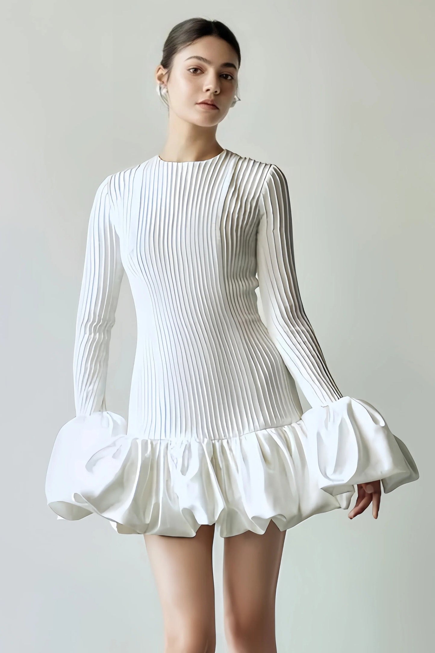 Clara Women's Elegant Pleated White Dress - Mini