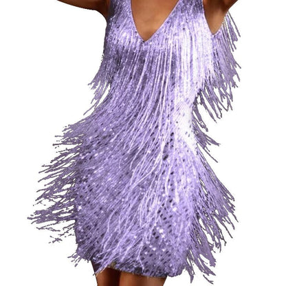 Festive Women's Cocktail Mini Dress with Shiny Fringes