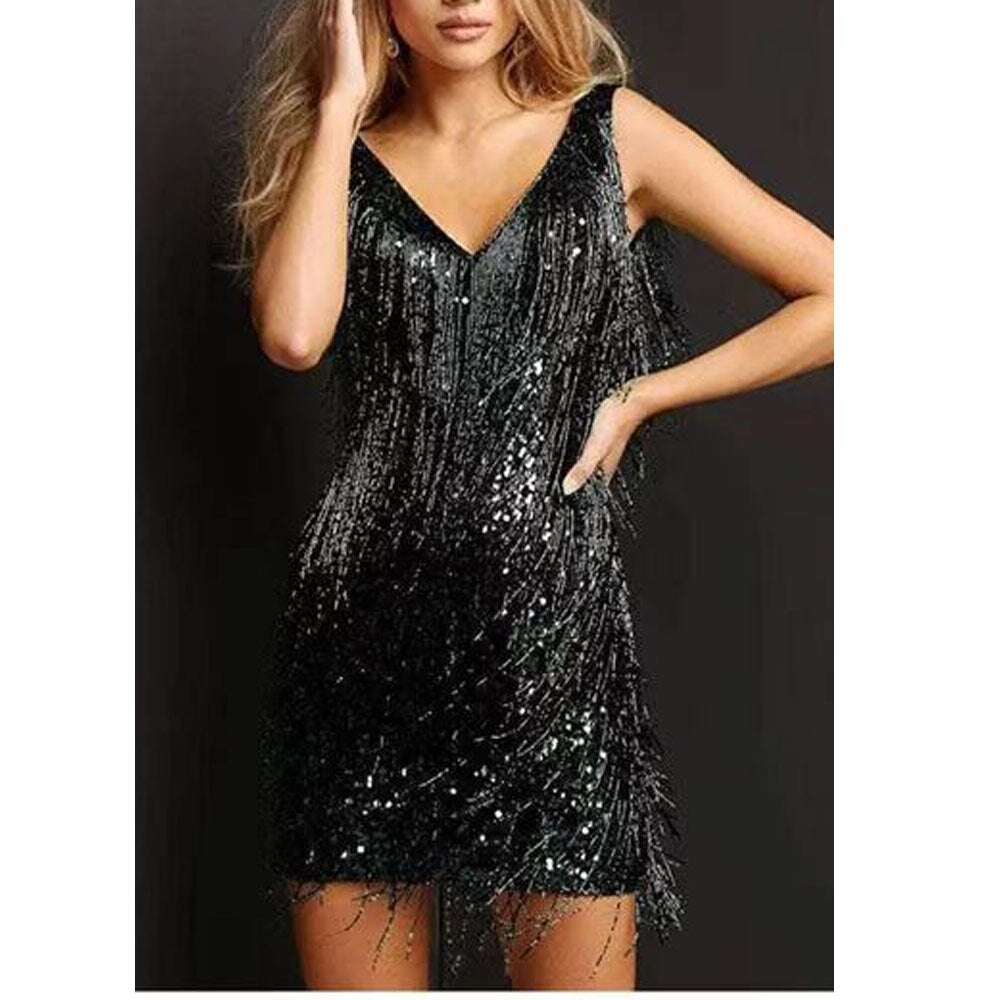 Festive Women's Cocktail Mini Dress with Shiny Fringes