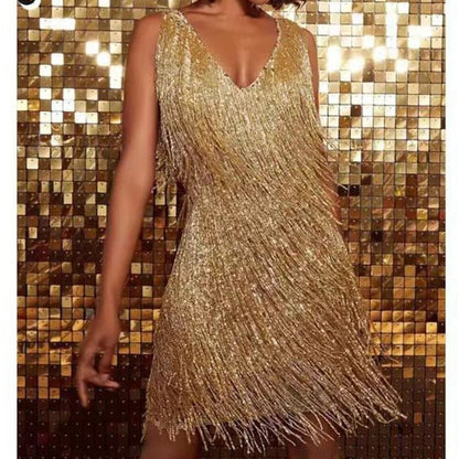 Festive Women's Cocktail Mini Dress with Shiny Fringes