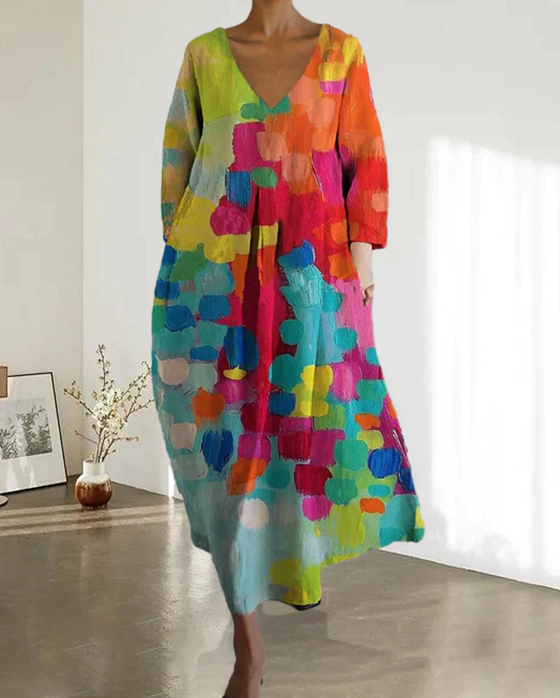 Summer Women's Oversized Midi Dress with V Neck and Print
