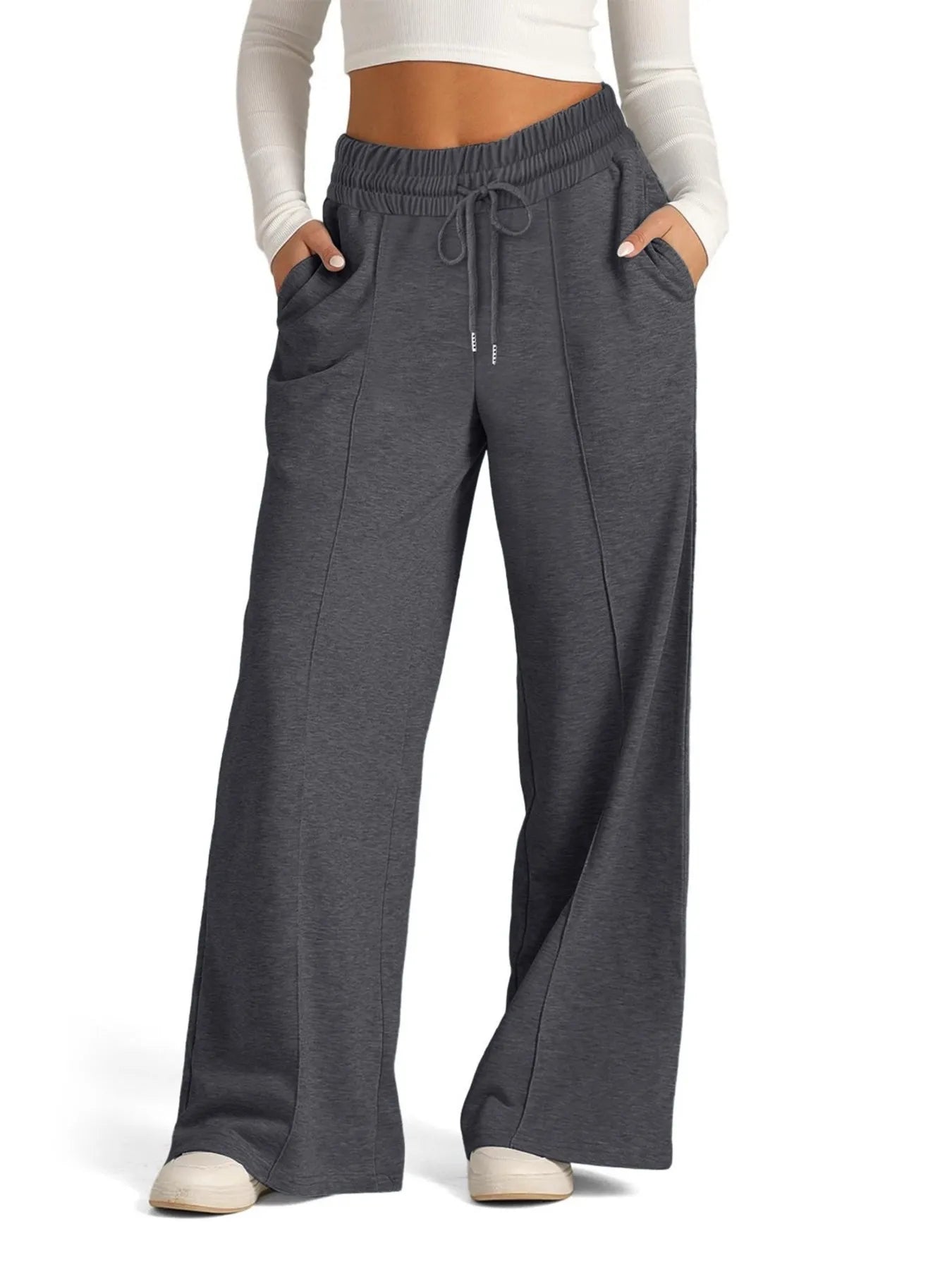 Gray Women's Jogging Pants With Elastic Waist And Wide Legs