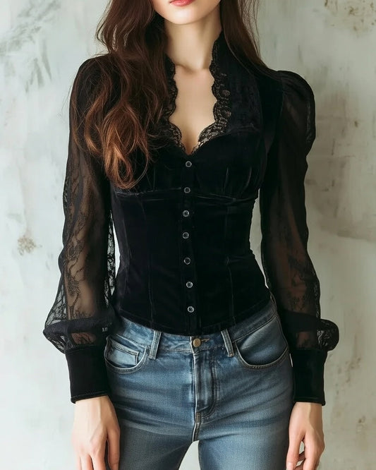 Black Elegant Women's Lace Blouse with V-Neck and Long Sleeves