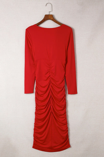 Red Midi Dress for Women with Long Sleeves and V-neck
