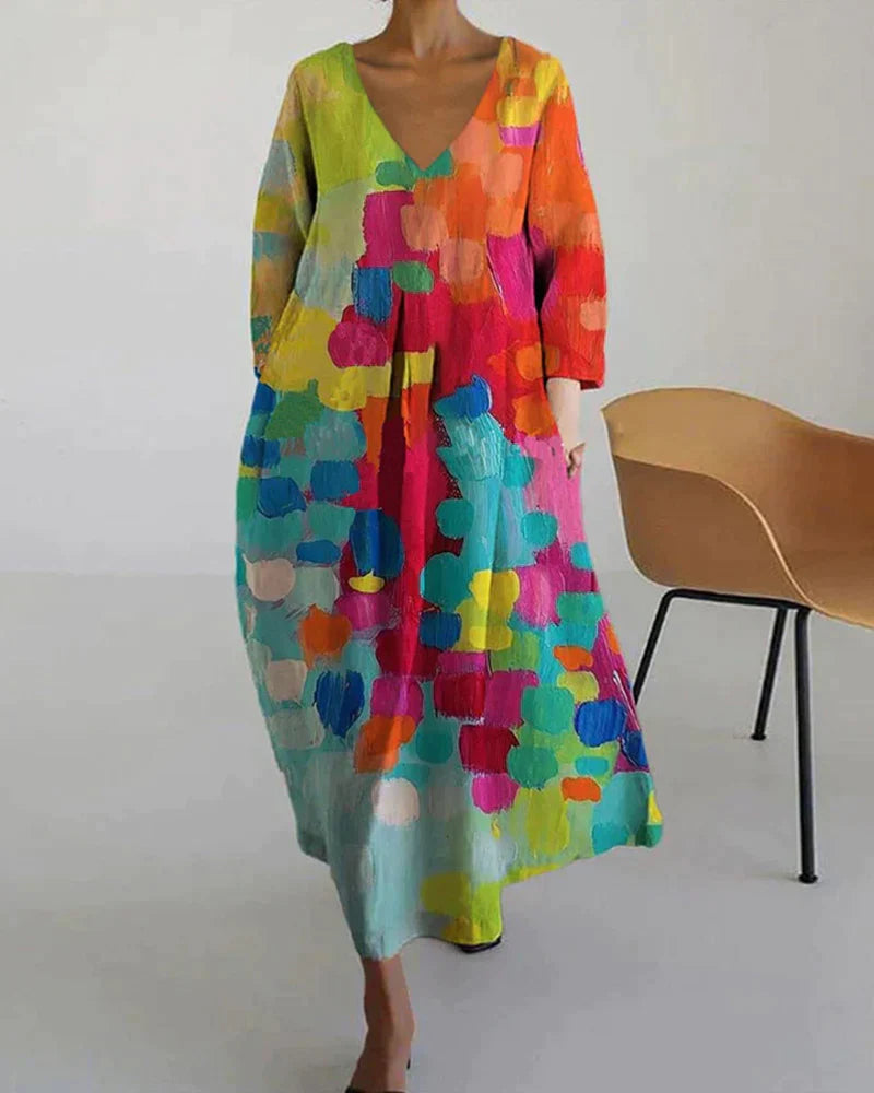 Summer Women's Oversized Midi Dress with V Neck and Print