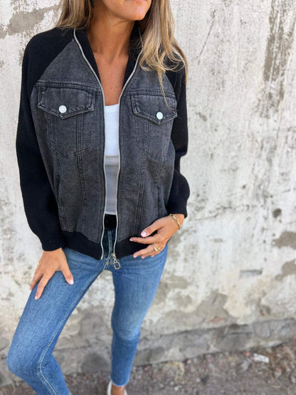 Women's Bomber Jacket with Denim Look and Soft Fleece Sleeves