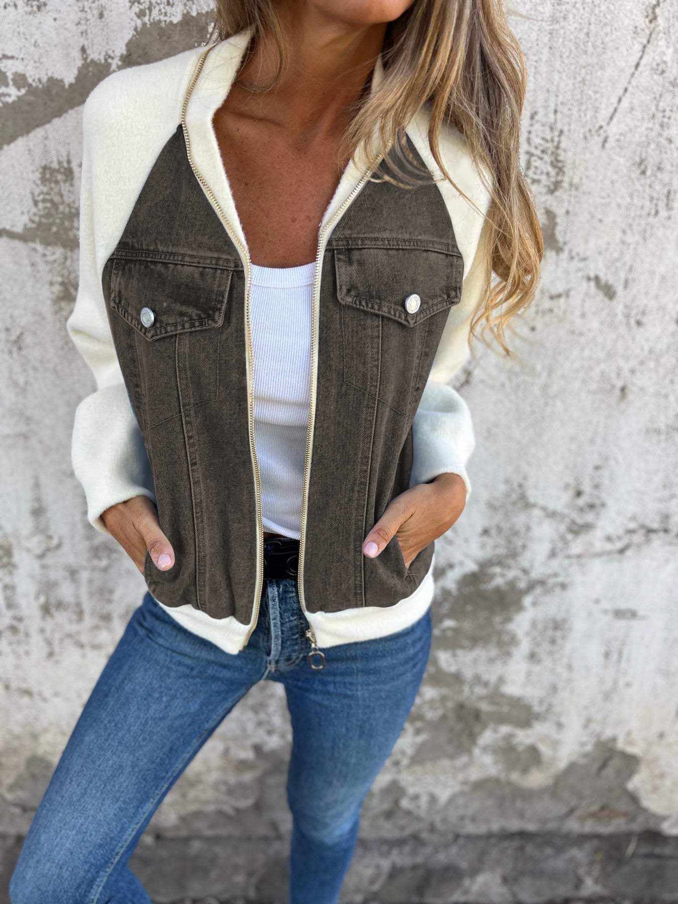 Women's Bomber Jacket with Denim Look and Soft Fleece Sleeves