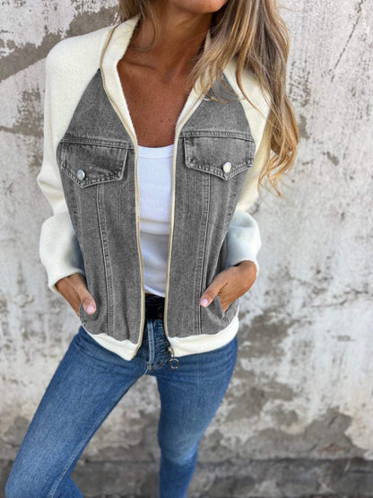 Women's Bomber Jacket with Denim Look and Soft Fleece Sleeves
