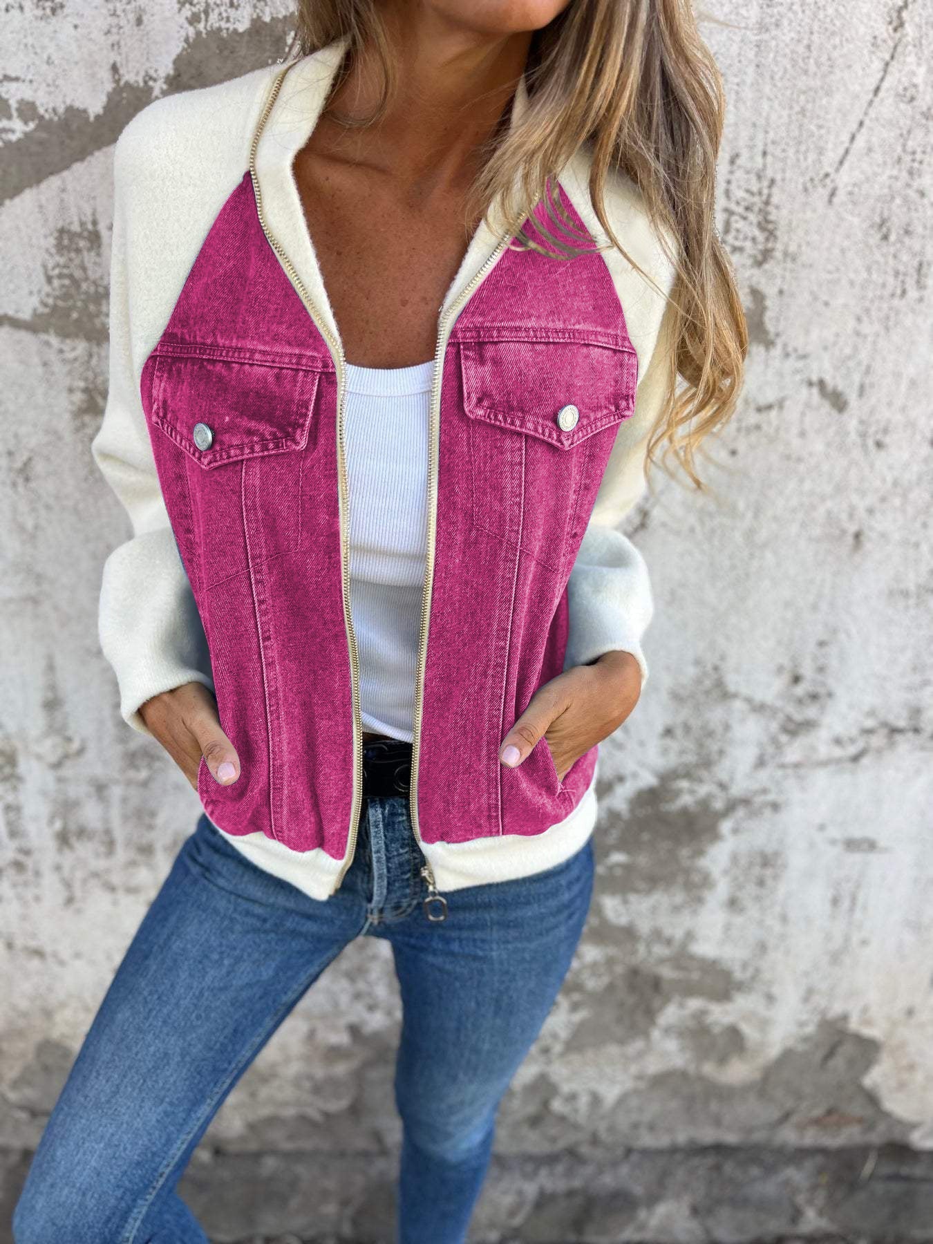 Women's Bomber Jacket with Denim Look and Soft Fleece Sleeves