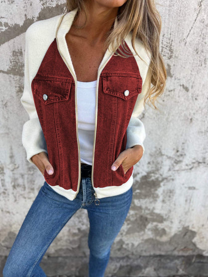 Women's Bomber Jacket with Denim Look and Soft Fleece Sleeves