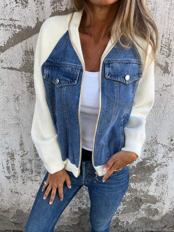 Women's Bomber Jacket with Denim Look and Soft Fleece Sleeves