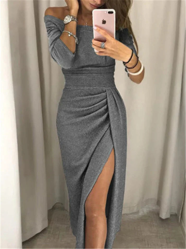 Falin | Off-Shoulder Dress with High Split and Pleated Detail