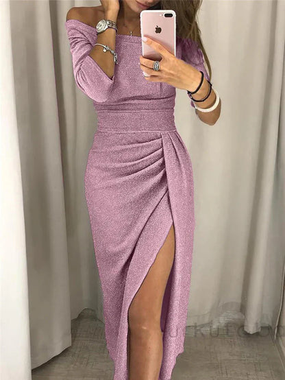 Falin | Off-Shoulder Dress with High Split and Pleated Detail