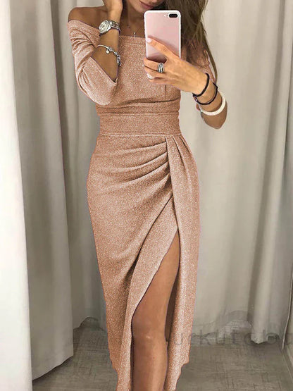 Falin | Off-Shoulder Dress with High Split and Pleated Detail