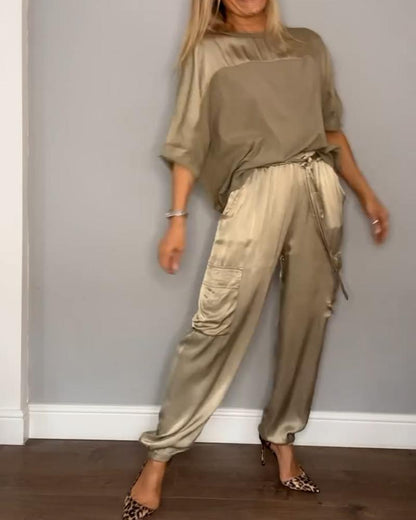Chic Women's Satin Cargo Set with Top and High Waist Pants