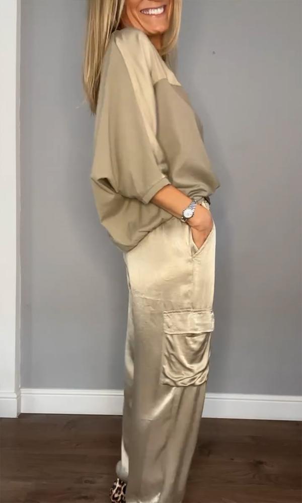 Chic Women's Satin Cargo Set with Top and High Waist Pants