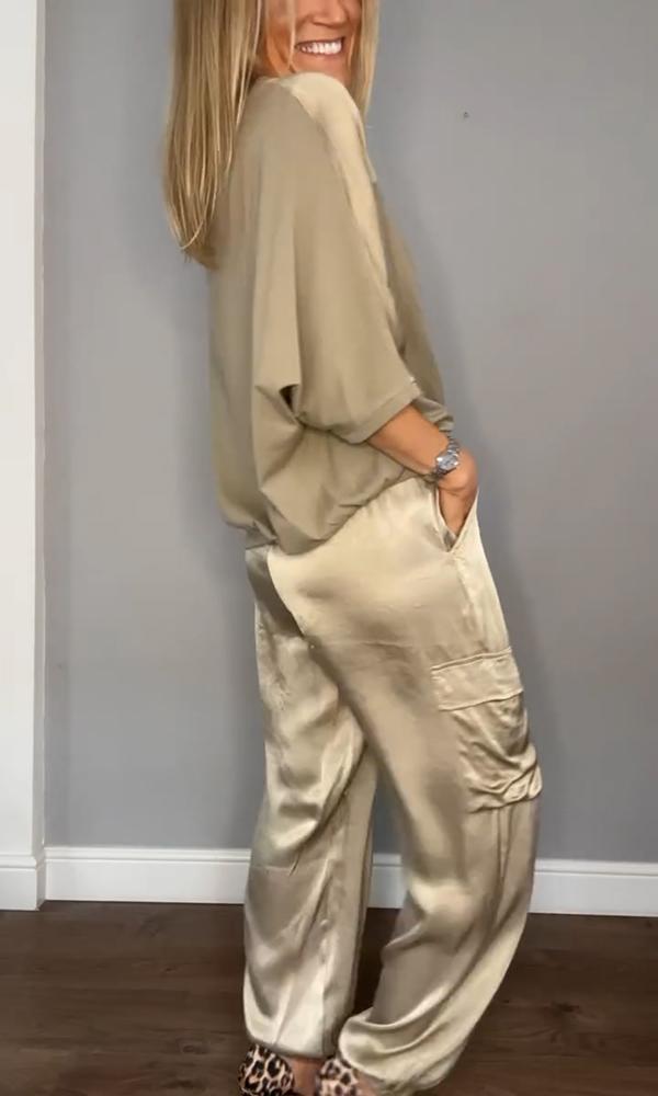 Chic Women's Satin Cargo Set with Top and High Waist Pants
