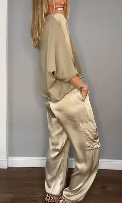 Chic Women's Satin Cargo Set with Top and High Waist Pants