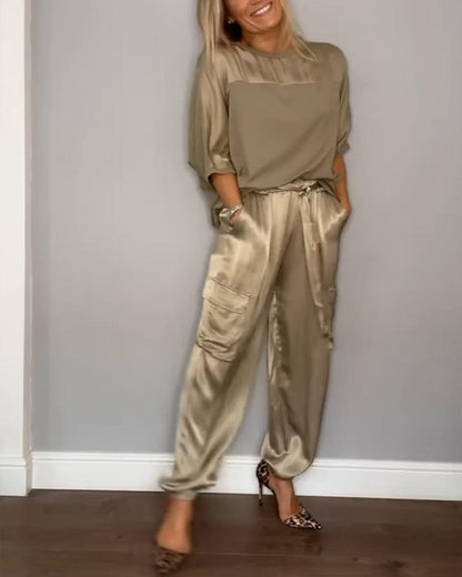 Chic Women's Satin Cargo Set with Top and High Waist Pants