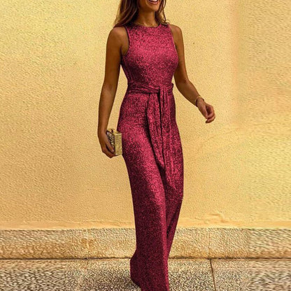 Luxury Glittering Ladies Jumpsuit with Belt and Sleeveless