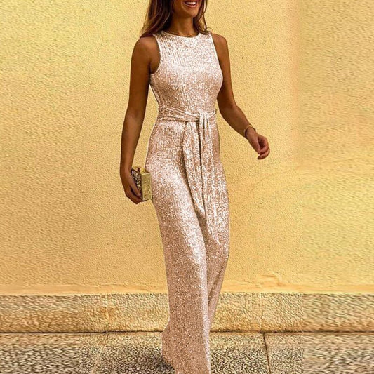 Luxury Glittering Ladies Jumpsuit with Belt and Sleeveless